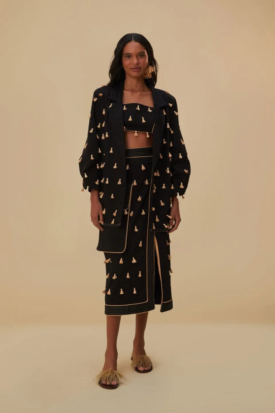 FARM Rio Vestes<Blazer à franges en raphia noir
