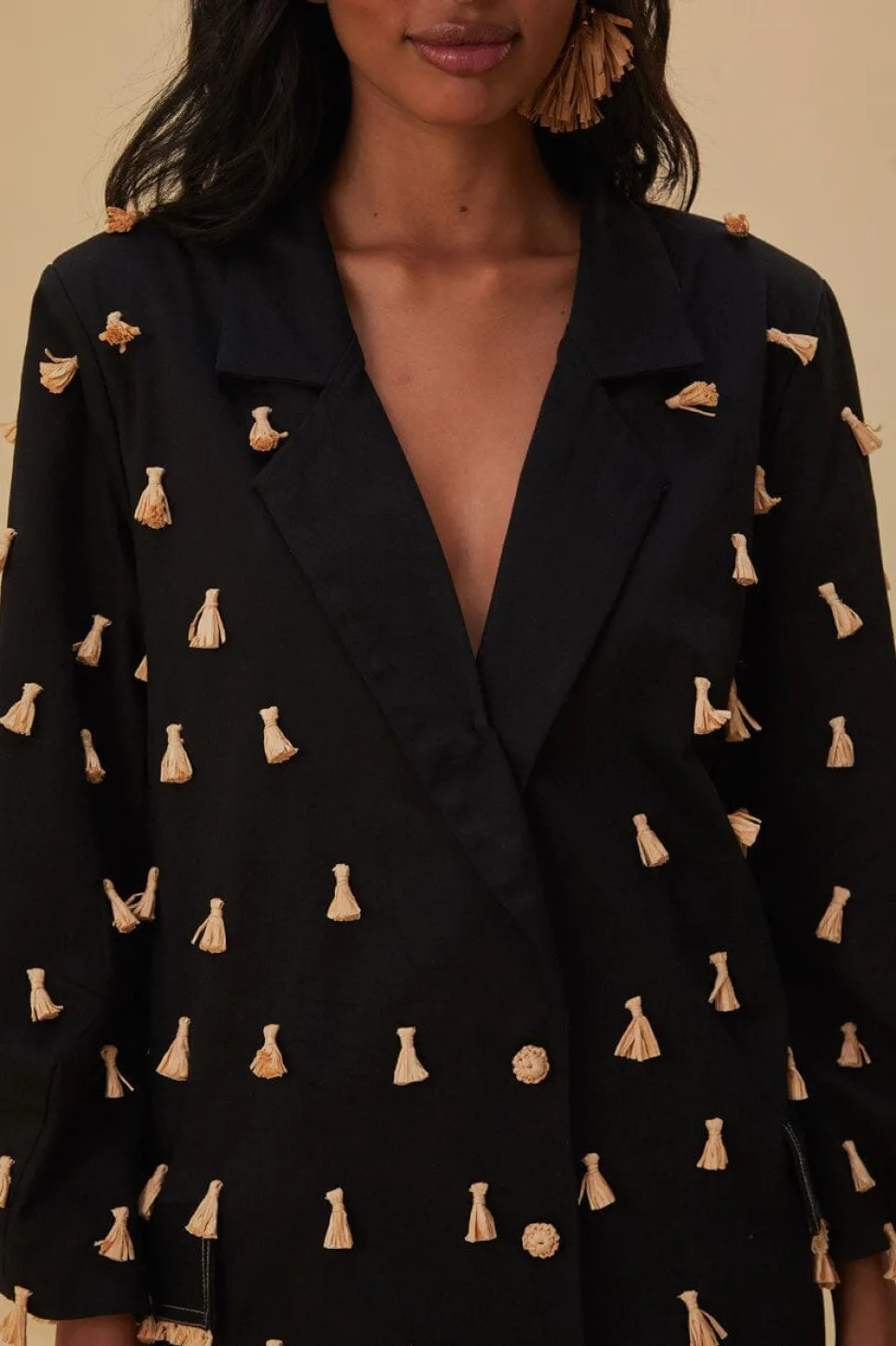 FARM Rio Vestes<Blazer à franges en raphia noir