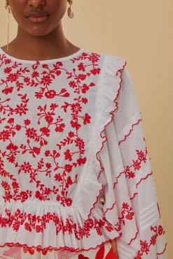 FARM Rio Chemisiers<Blouse à manches longues brodée blanc cassé et rouge