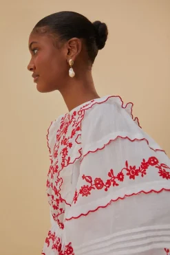 FARM Rio  Chemisiers<Blouse à manches longues brodée blanc cassé et rouge