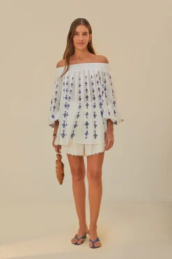 FARM Rio Chemisiers<Blouse à épaules dénudées Off-White Graphic Fishes