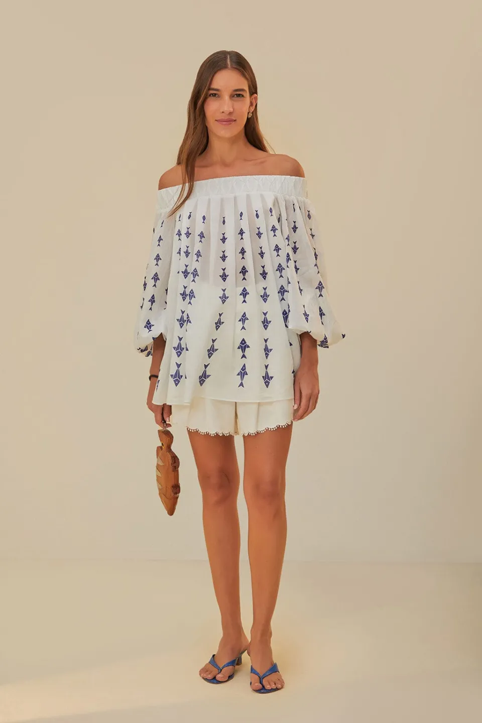 FARM Rio Chemisiers<Blouse à épaules dénudées Off-White Graphic Fishes
