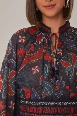 FARM Rio Chemisiers<Blouse bleu foncé à col en V et brillance tropicale