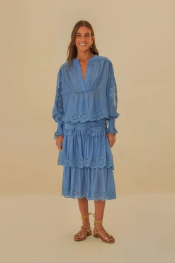 FARM Rio Chemisiers<Blouse bleue à manches longues en coton biologique