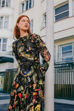 FARM Rio Chemisiers|Robes Midi<Blouse noire en tulle avec oiseaux colorés