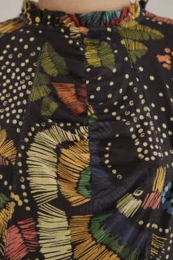 FARM Rio  Chemisiers|Robes Midi<Blouse noire en tulle avec oiseaux colorés
