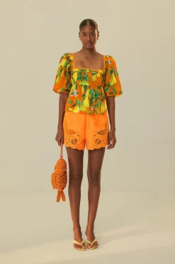 FARM Rio Chemisiers<Blouse Orange Chic Poires à Manches Courtes