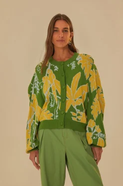 FARM Rio Gilets<Cardigan en tricot à croquis de feuillage vert