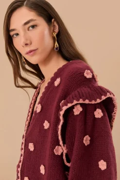 FARM Rio Gilets<Cardigan en tricot à fleurs au crochet bordeaux