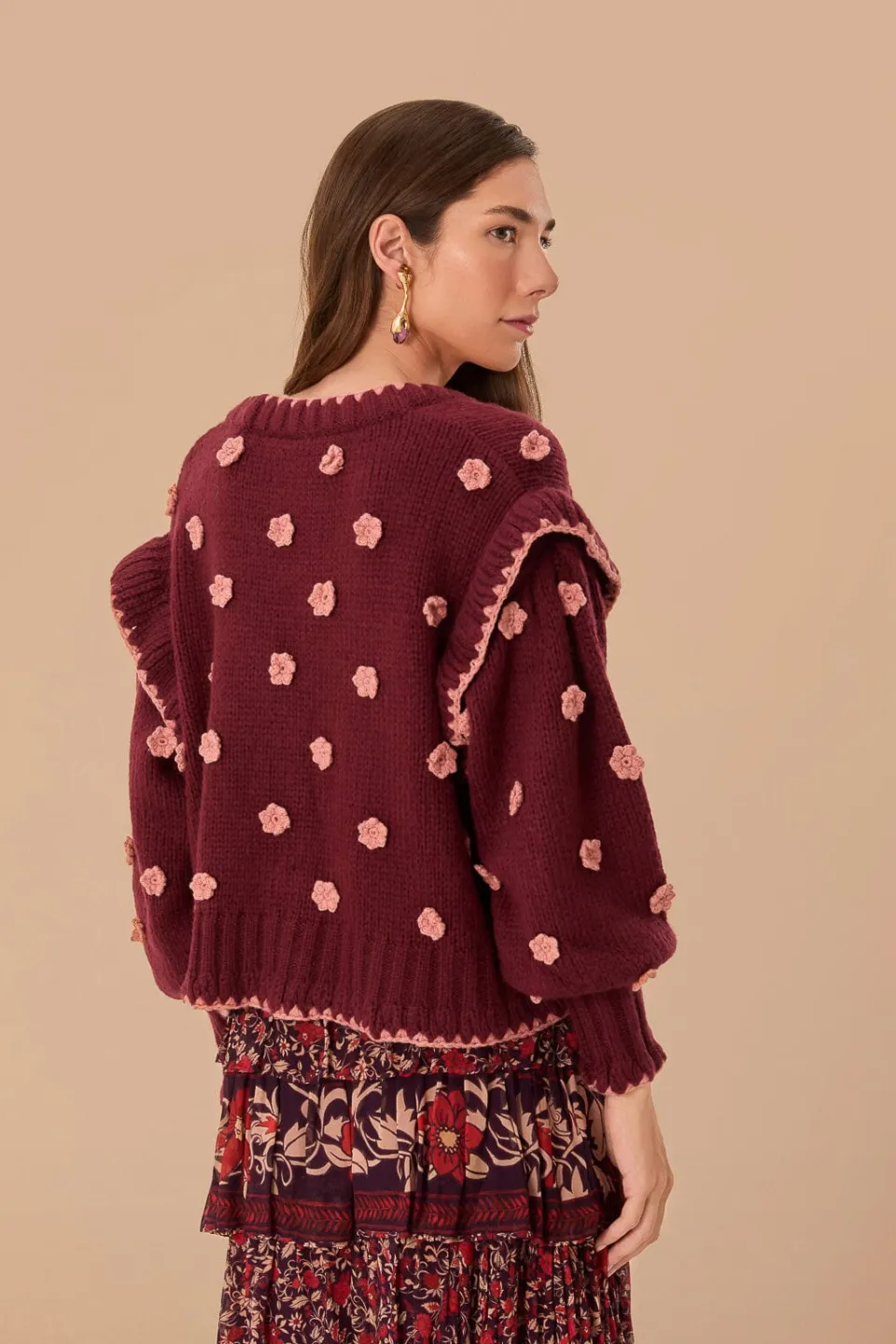 FARM Rio Gilets<Cardigan en tricot à fleurs au crochet bordeaux