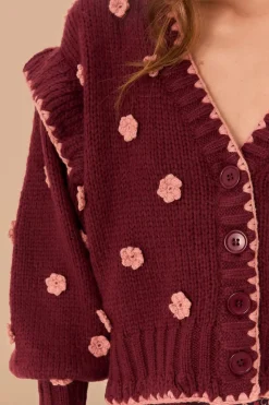 FARM Rio Gilets<Cardigan en tricot à fleurs au crochet bordeaux
