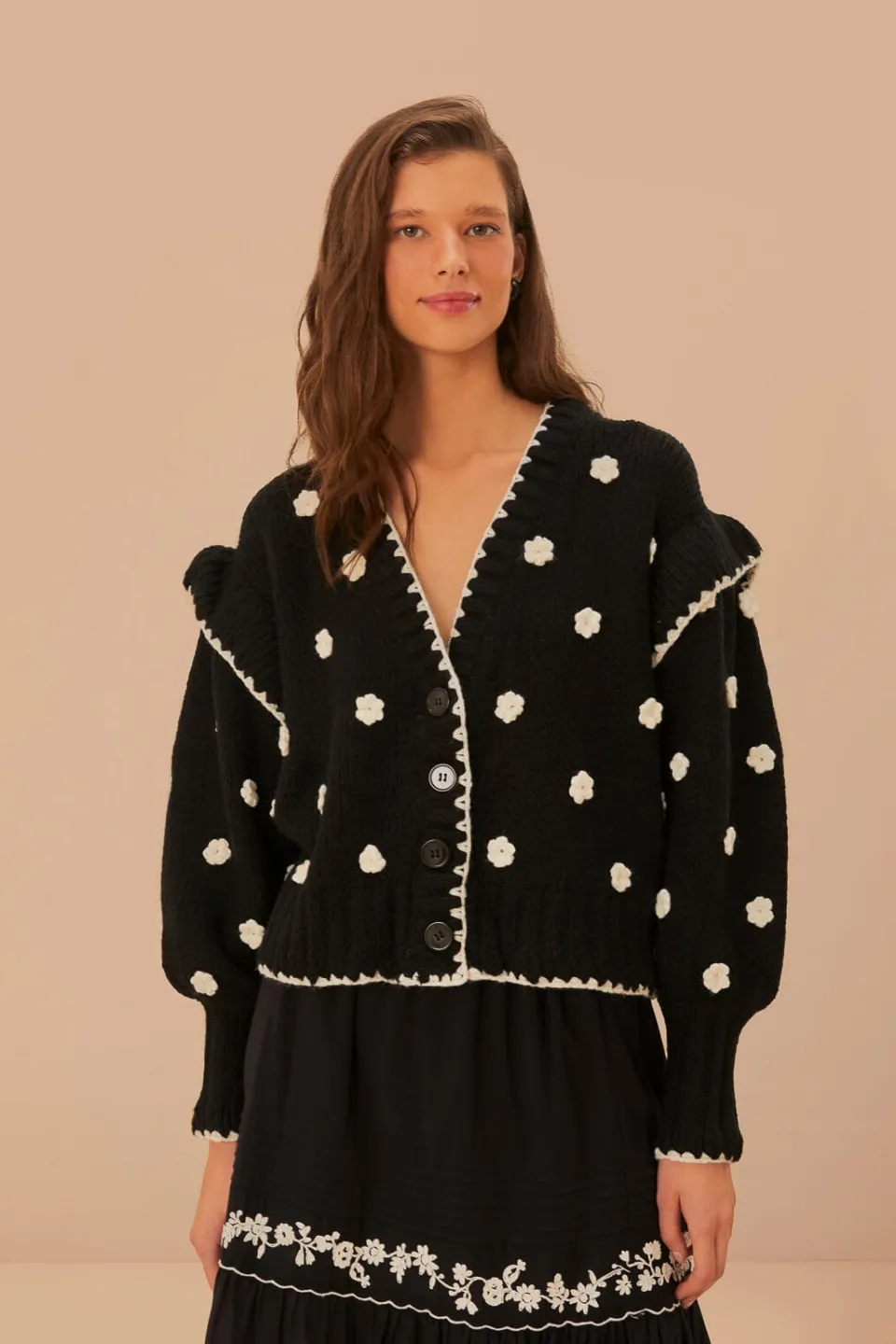 FARM Rio Gilets<Cardigan en tricot à fleurs noires et blanches