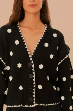 FARM Rio  Gilets<Cardigan en tricot à fleurs noires et blanches