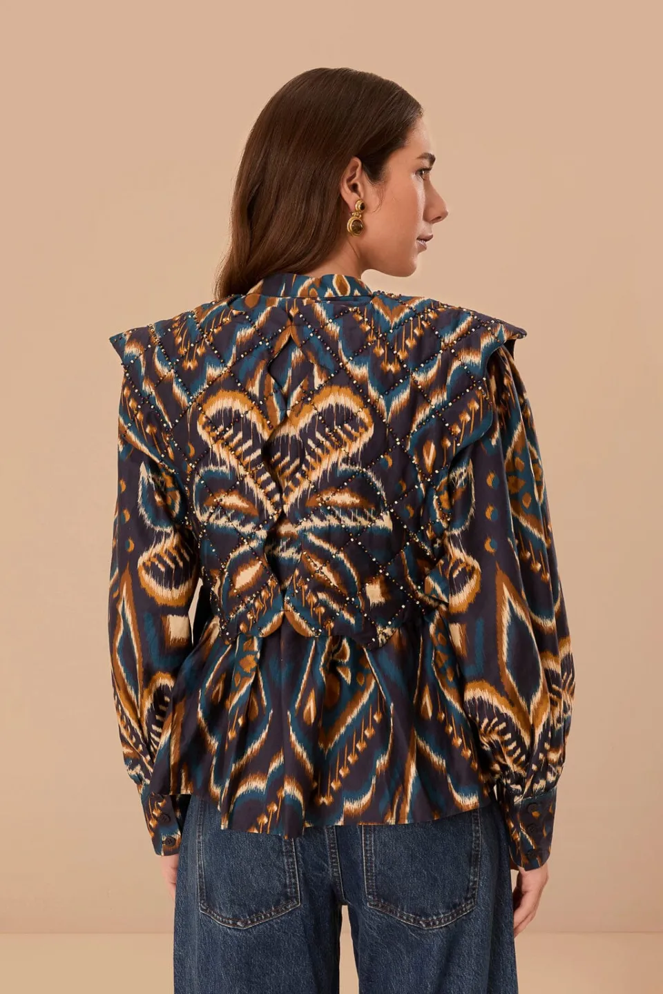 FARM Rio Chemisiers<Chemisier matelassé à manches longues et motif ikat bleu ananas