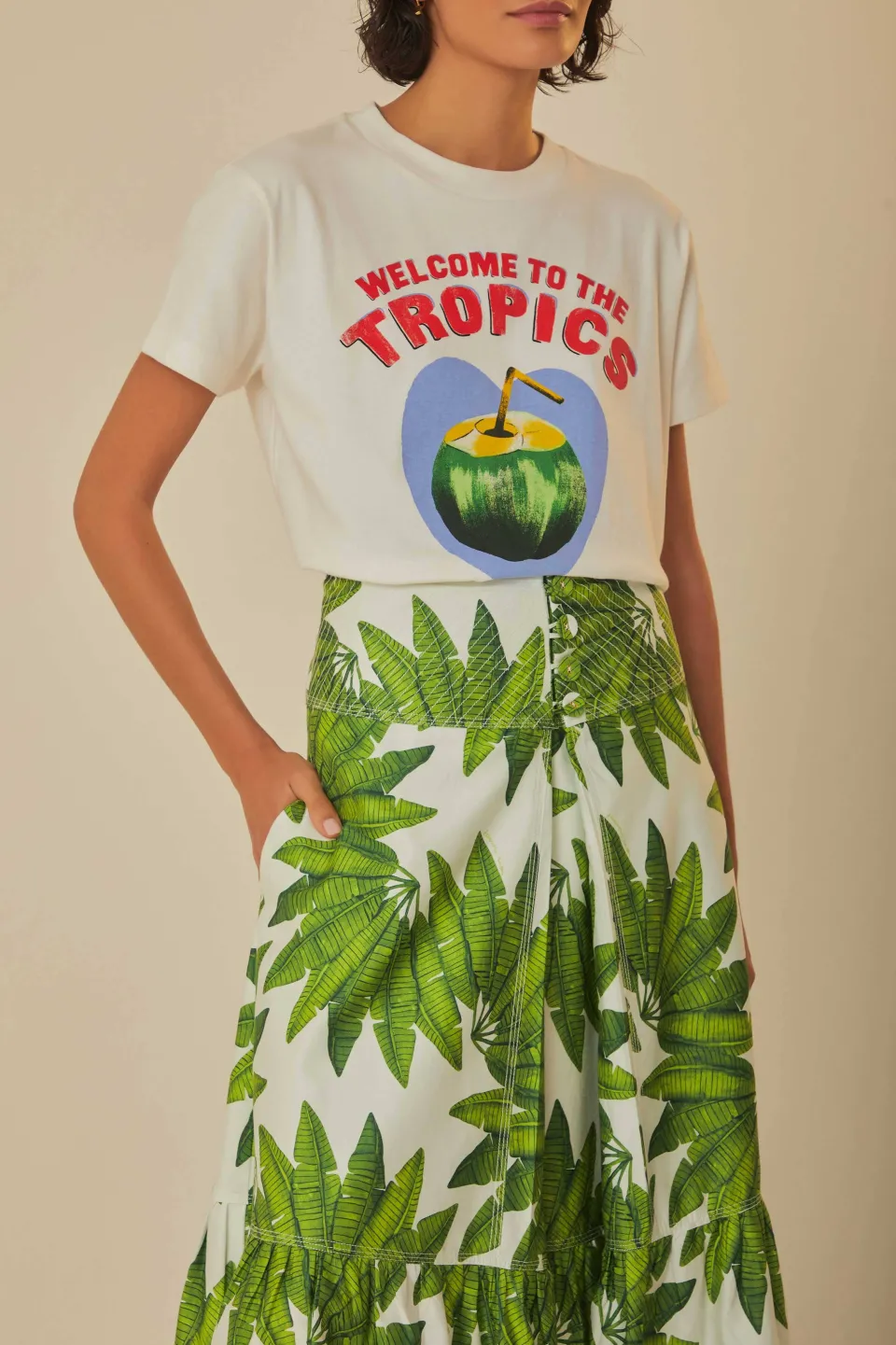 FARM Rio Jupes<Jupe longue en coton biologique Off-White Palm Fan