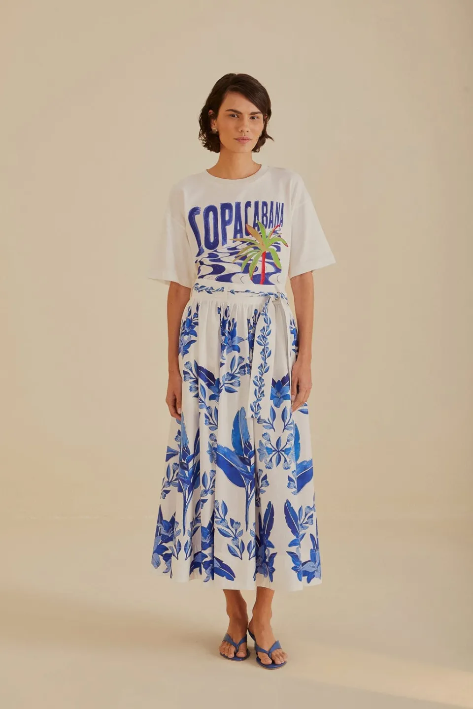 FARM Rio Jupes<Jupe midi en coton biologique Off-White Blue Yard