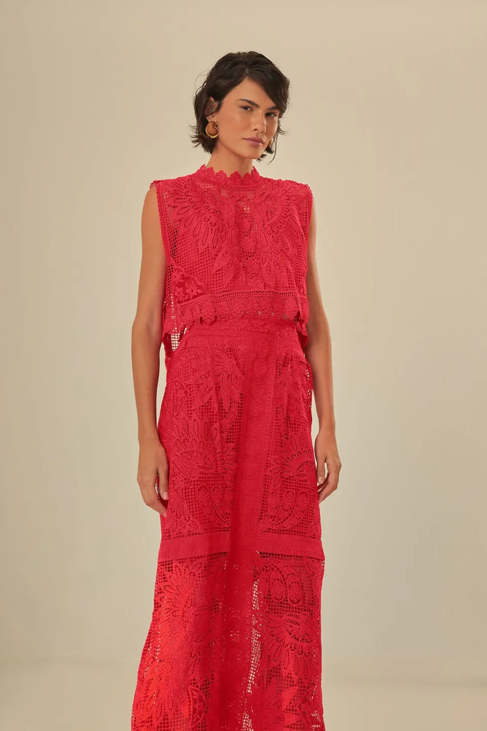 FARM Rio Jupes<Jupe midi en guipure toucan rouge