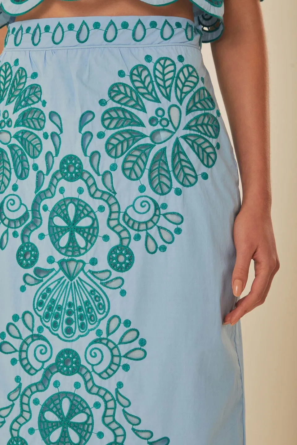 FARM Rio Jupes<Jupe midi graphique Richelieu bleu clair et vert