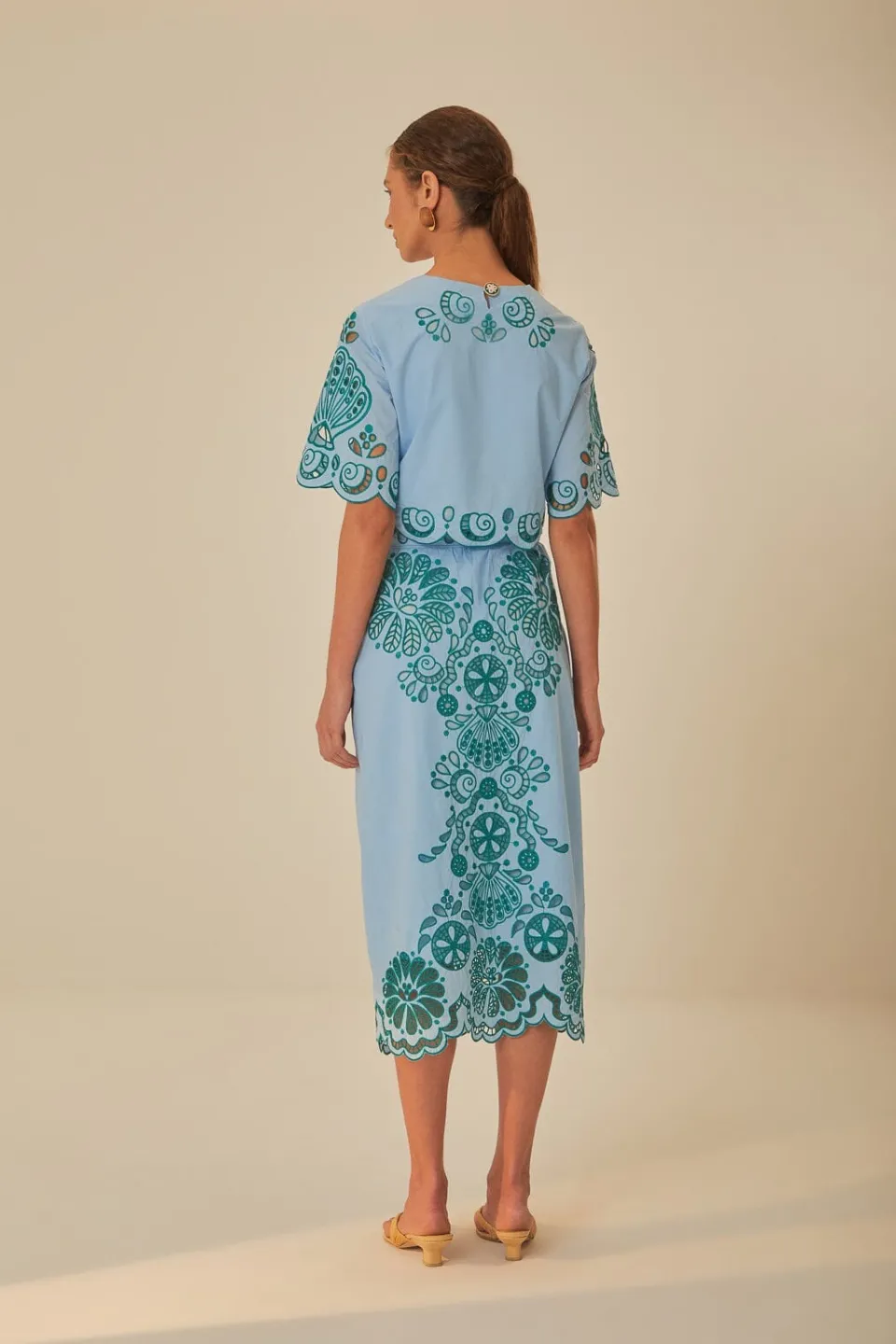 FARM Rio Jupes<Jupe midi graphique Richelieu bleu clair et vert