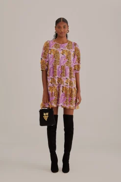 FARM Rio Robes Courtes<Mini-robe à manches bouffantes et feuilles de tigre lavande