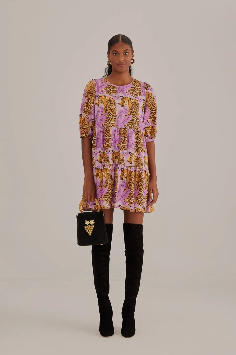 FARM Rio Robes Courtes<Mini-robe à manches bouffantes et feuilles de tigre lavande