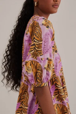FARM Rio  Robes Courtes<Mini-robe à manches bouffantes et feuilles de tigre lavande