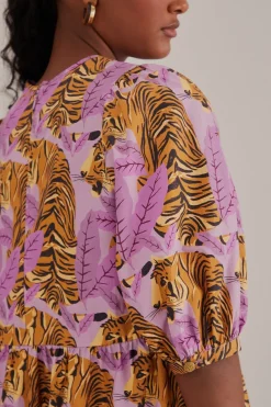 FARM Rio Robes Courtes<Mini-robe à manches bouffantes et feuilles de tigre lavande