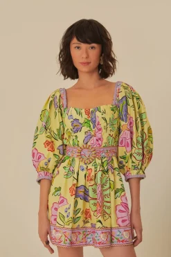 FARM Rio Robes Courtes<Mini-robe à manches courtes avec imprimé floral et insectes jaunes