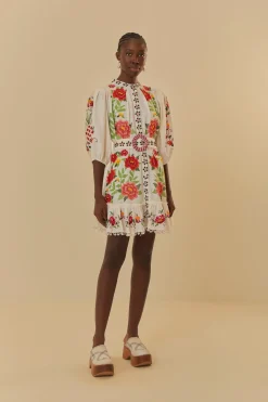 FARM Rio Robes Courtes<Mini-robe blanc cassé à manches courtes et fleurs Carmina brodées