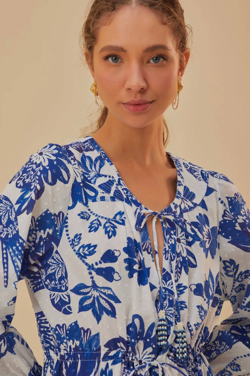 FARM Rio Robes Courtes<Mini-robe blanc cassé à manches longues et oiseaux fleuris