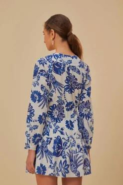 FARM Rio Robes Courtes<Mini-robe blanc cassé à manches longues et oiseaux fleuris