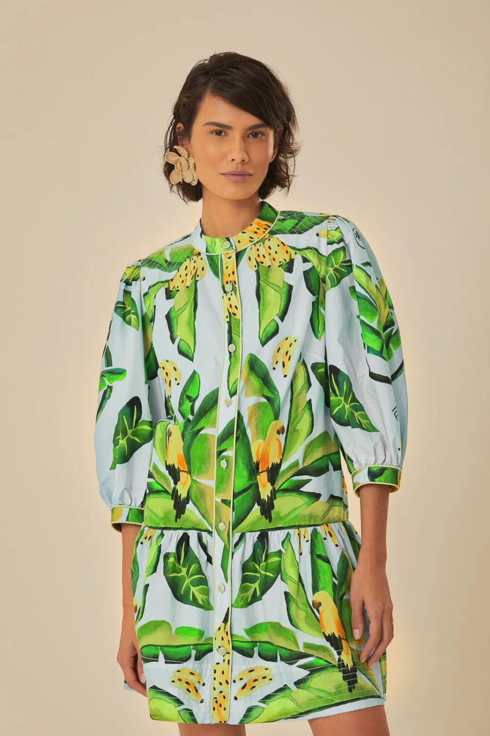 FARM Rio Robes Courtes<Mini-robe bleue en coton biologique avec foulard à feuillage d'été