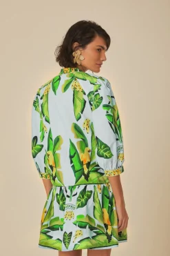 FARM Rio Robes Courtes<Mini-robe bleue en coton biologique avec foulard à feuillage d'été