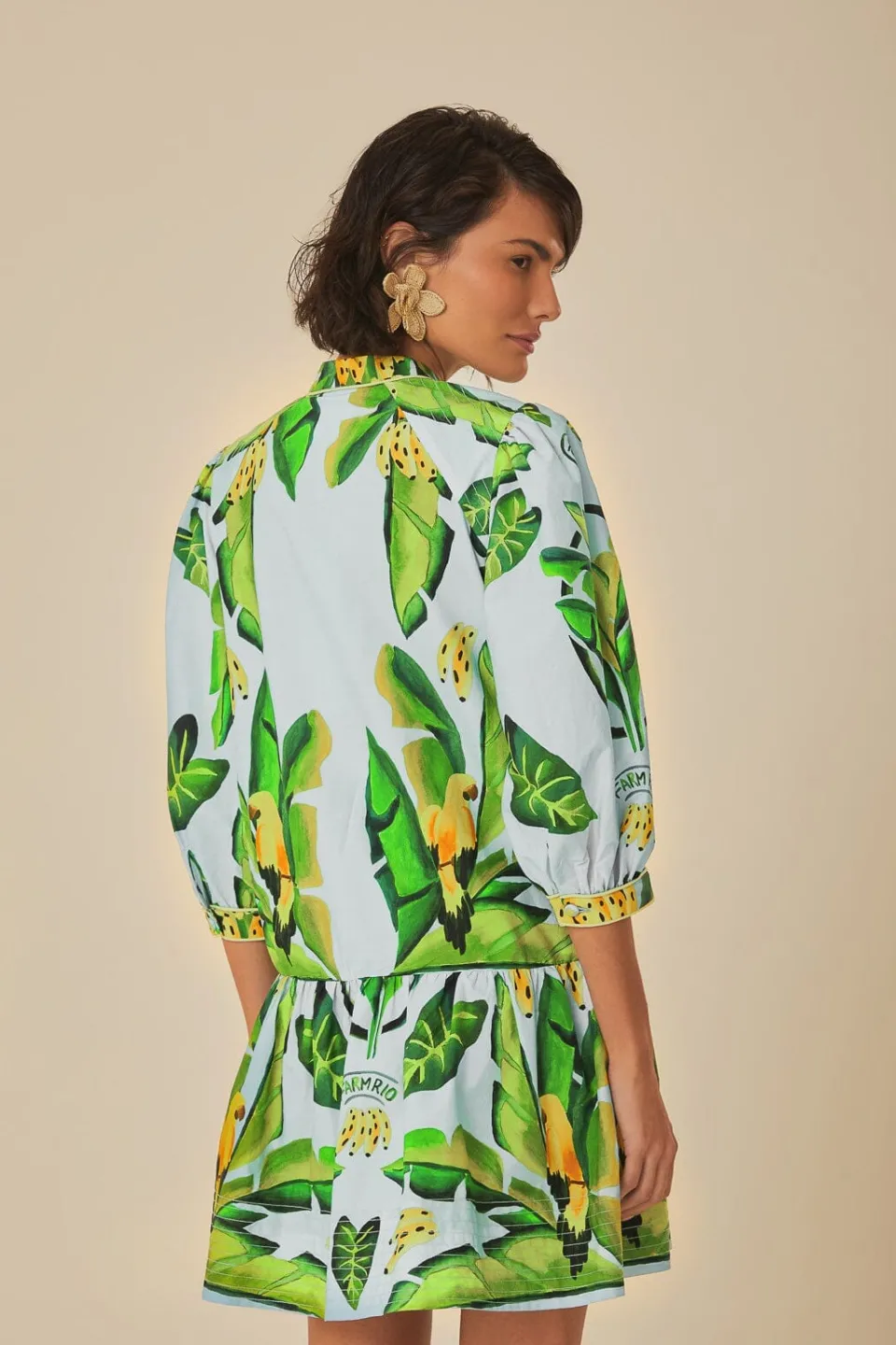 FARM Rio Robes Courtes<Mini-robe bleue en coton biologique avec foulard à feuillage d'été