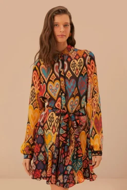 FARM Rio Robes Courtes<Mini-robe en ikat à coeurs noirs