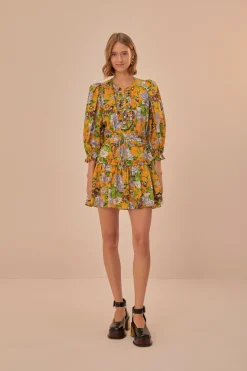 FARM Rio Robes Courtes<Mini-robe fleurie à manches courtes jaune Capri