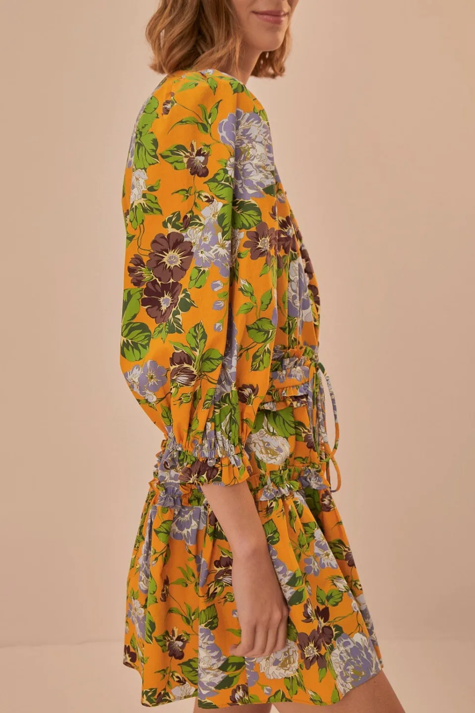 FARM Rio Robes Courtes<Mini-robe fleurie à manches courtes jaune Capri