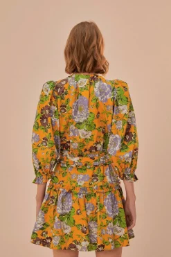 FARM Rio Robes Courtes<Mini-robe fleurie à manches courtes jaune Capri