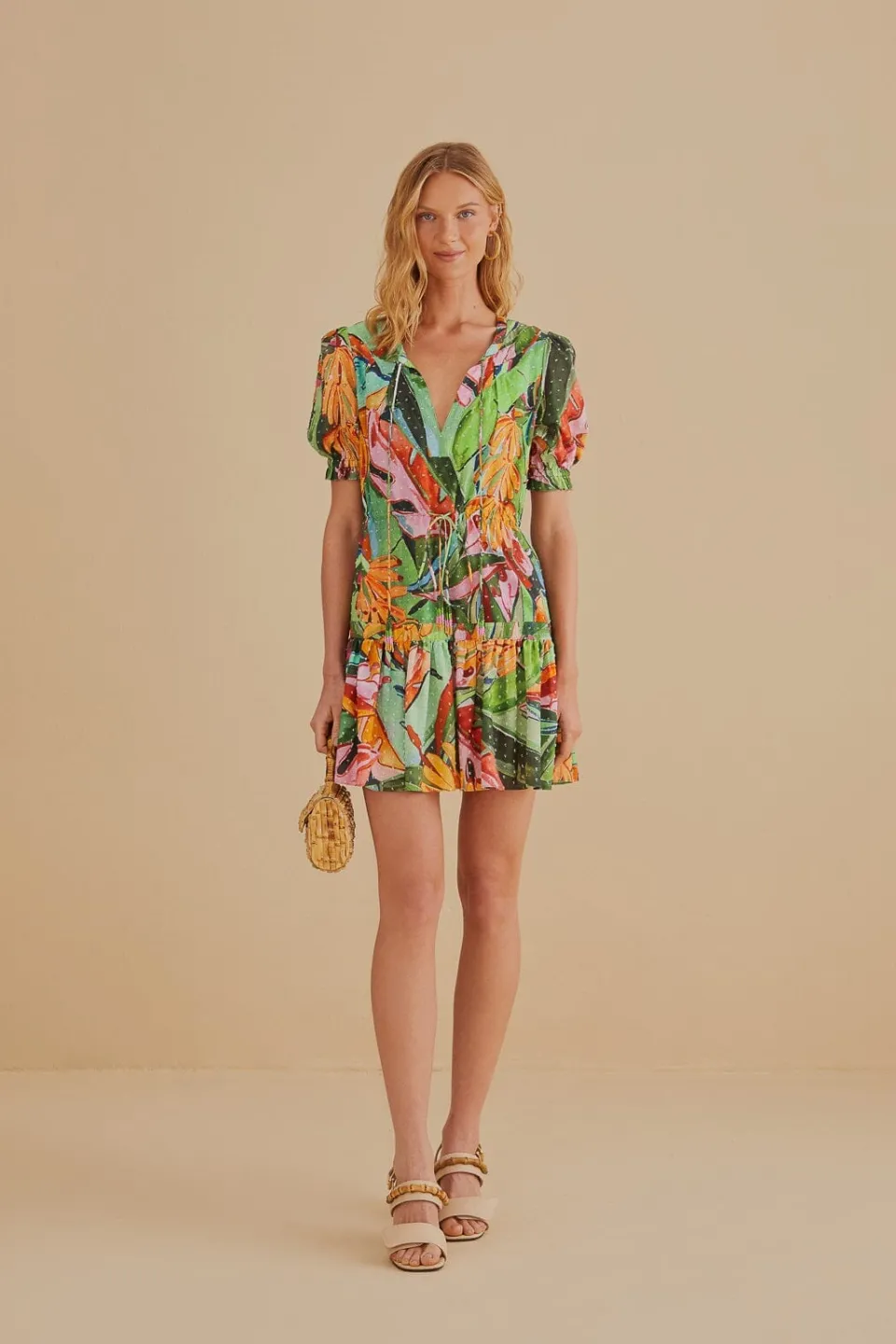 FARM Rio Robes Courtes<Mini-robe multicolore à manches courtes et feuillage de banane
