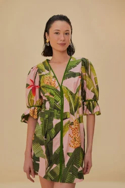 FARM Rio Robes Courtes<Mini-robe rose à col en V et feuilles de bananier