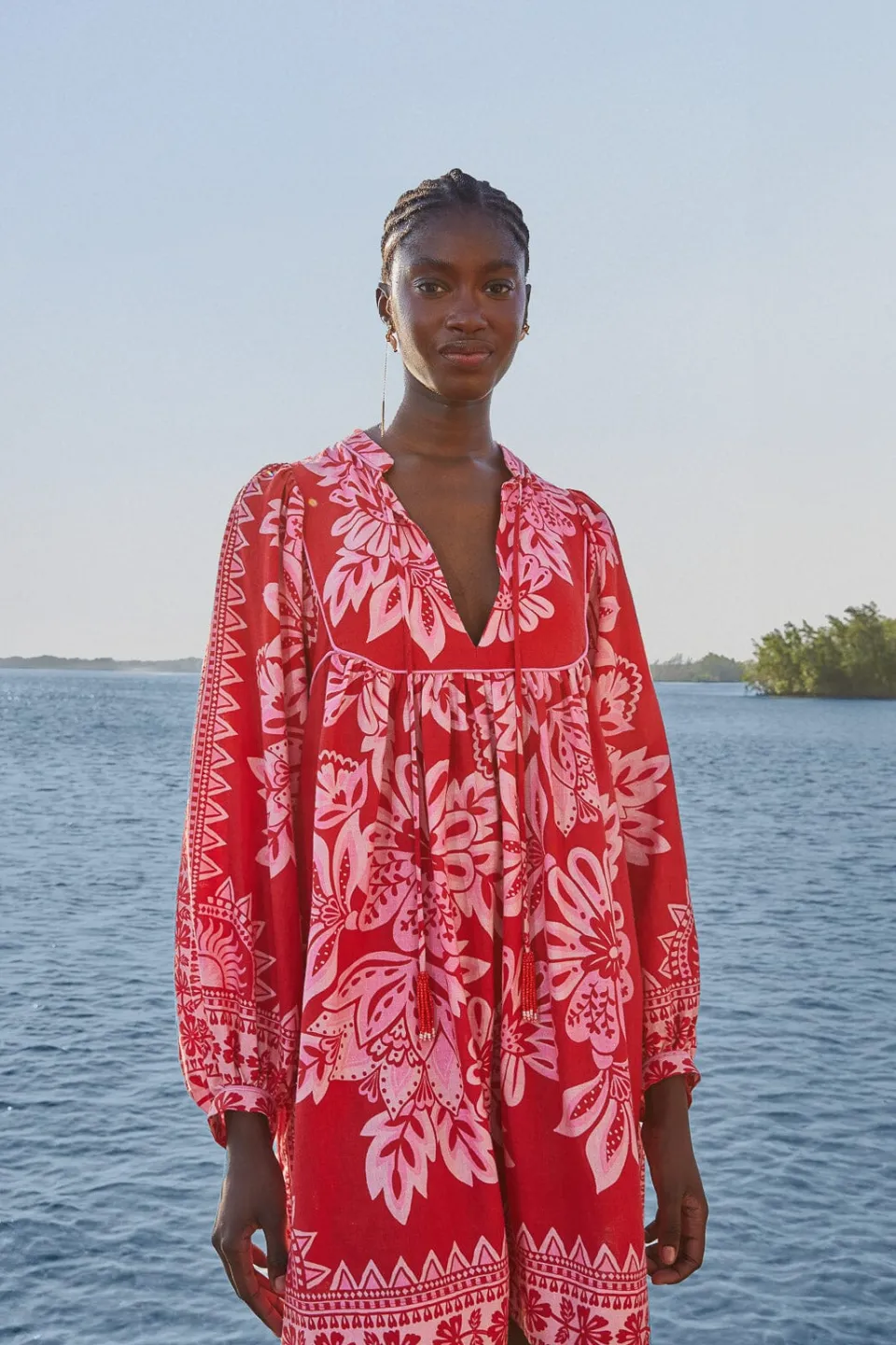 FARM Rio Robes Courtes<Mini-robe rouge à manches longues Flora Tapestry