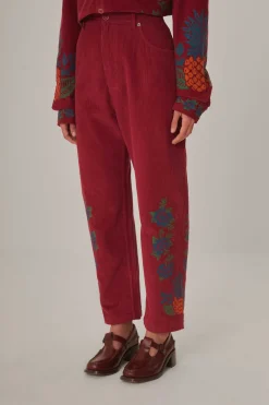 FARM Rio  Pantalon<Pantalon brodé en velours côtelé rose