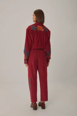 FARM Rio  Pantalon<Pantalon brodé en velours côtelé rose