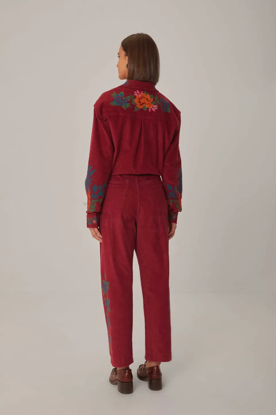 FARM Rio Pantalon<Pantalon brodé en velours côtelé rose
