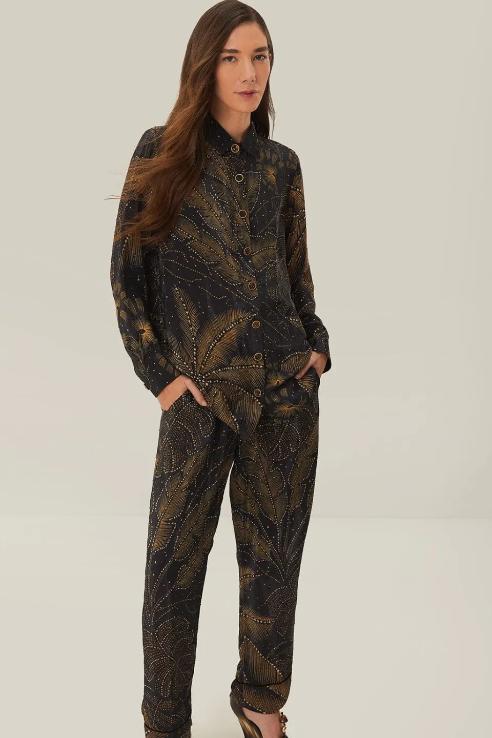 FARM Rio Pantalon<Pantalon de pyjama à feuillage doré noir
