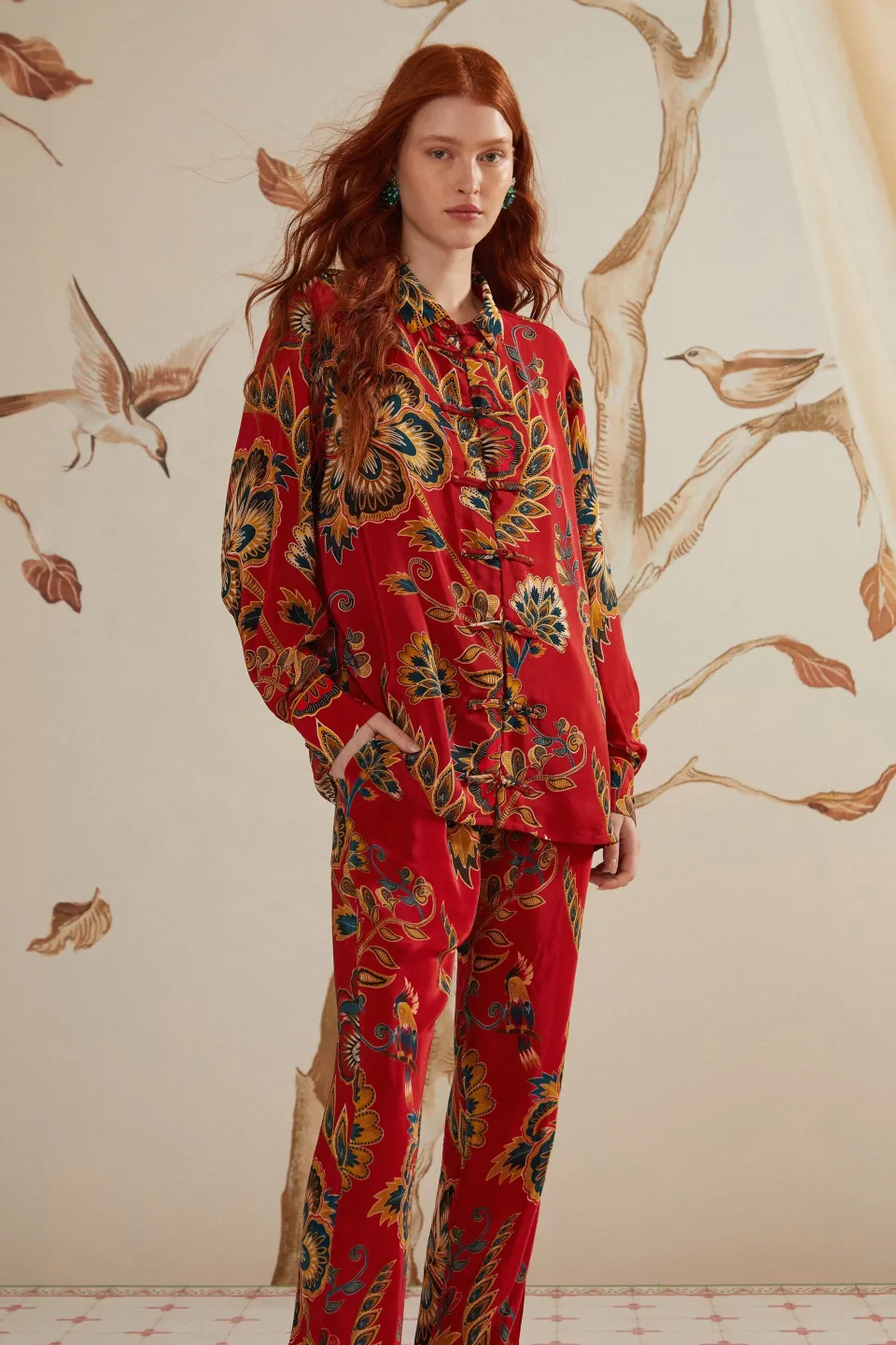 FARM Rio Pantalon<Pantalon de pyjama rouge à imprimé fleuri
