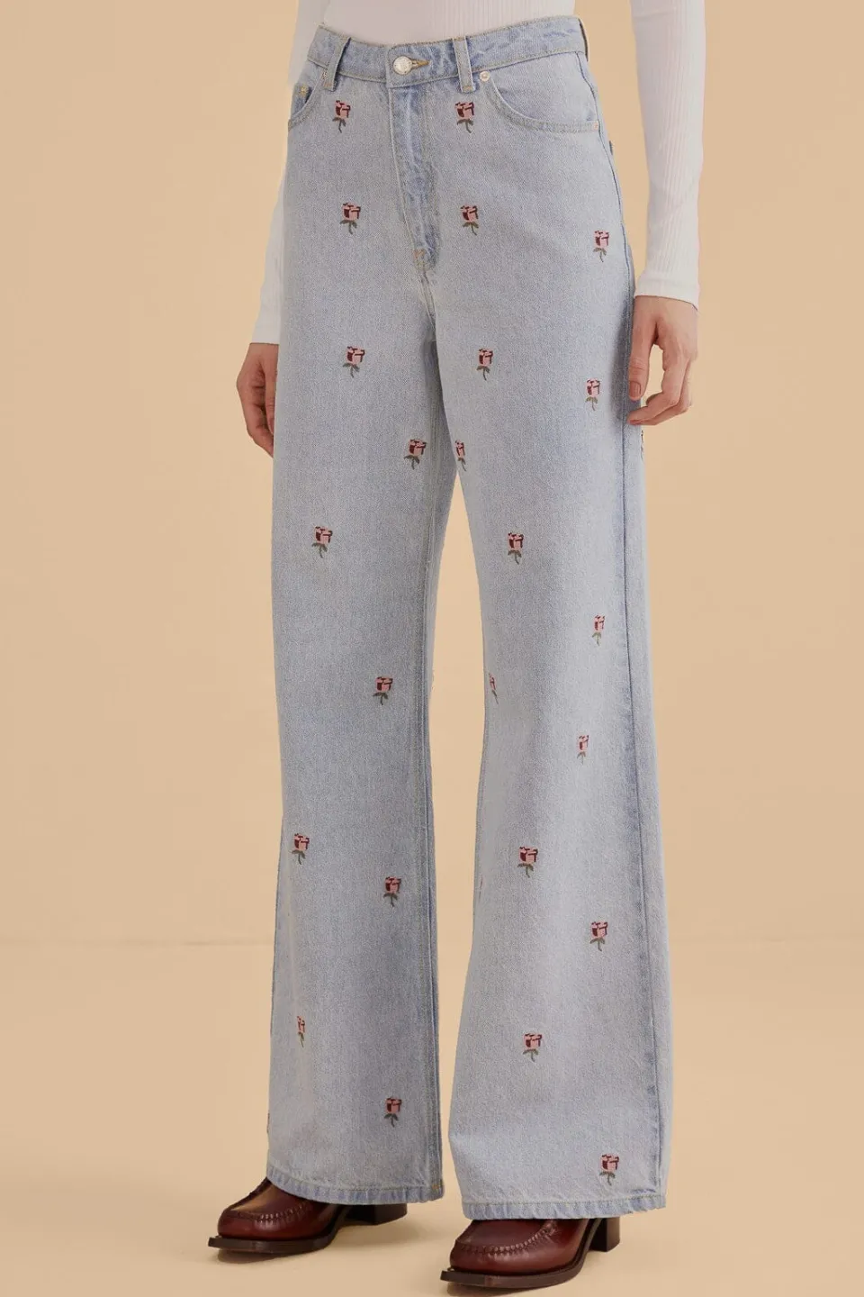FARM Rio Pantalon<Pantalon en denim brodé de roses