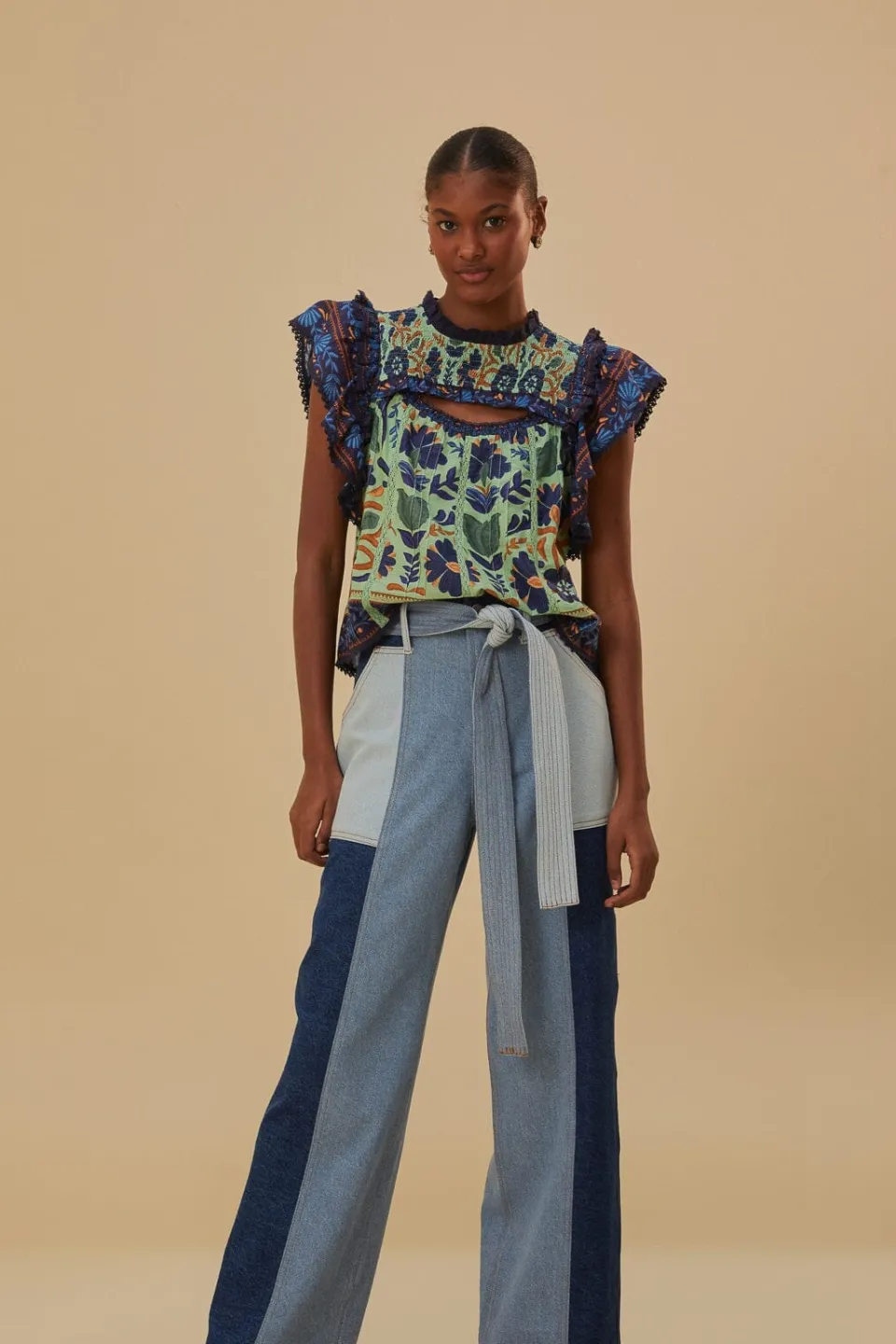 FARM Rio Pantalon<Pantalon en jean à patch noué à la taille