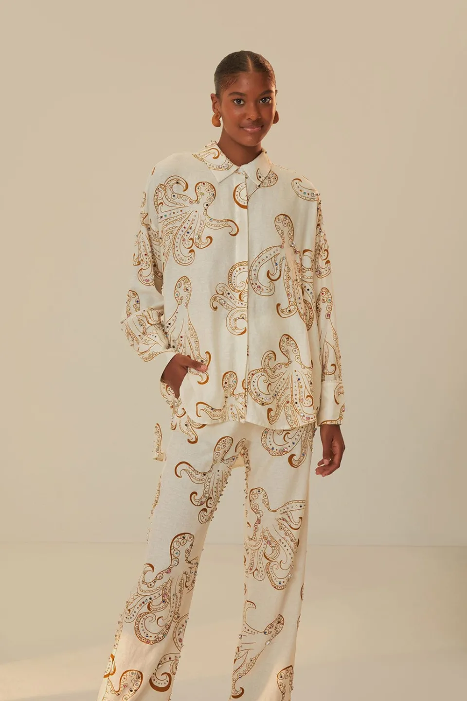 FARM Rio Pantalon|Hauts Courts<Pantalon en lin de qualité supérieure Octopus Fun Euroflax™ Off-White