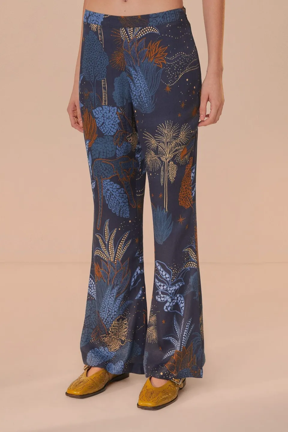 FARM Rio Pantalon<Pantalon Flare Bleu Marine Night Jungle